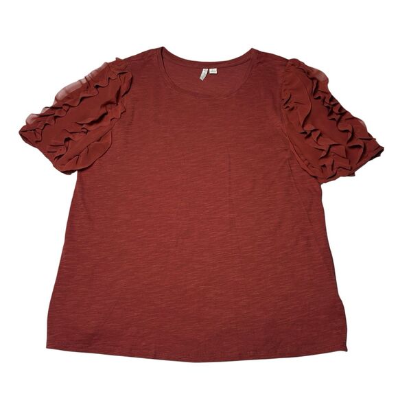 Cato Tops - Cato Women’s Large Rust Ruffle Sleeve Pullover Top Short Sleeve Casual Blouse